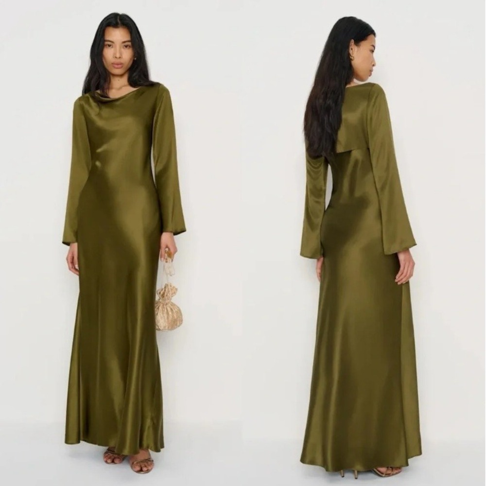 NWT Reformation Pike Silk Maxi Dress Moss Green Cowl Neck Long Sleeve Gown 8
